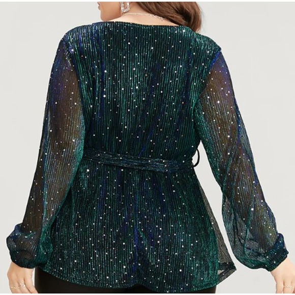 BLOOMCHIC SZ 14-16 Sequin Mesh Lantern Sleeve Wrap Belted Blouse NWOT - Picture 2 of 2